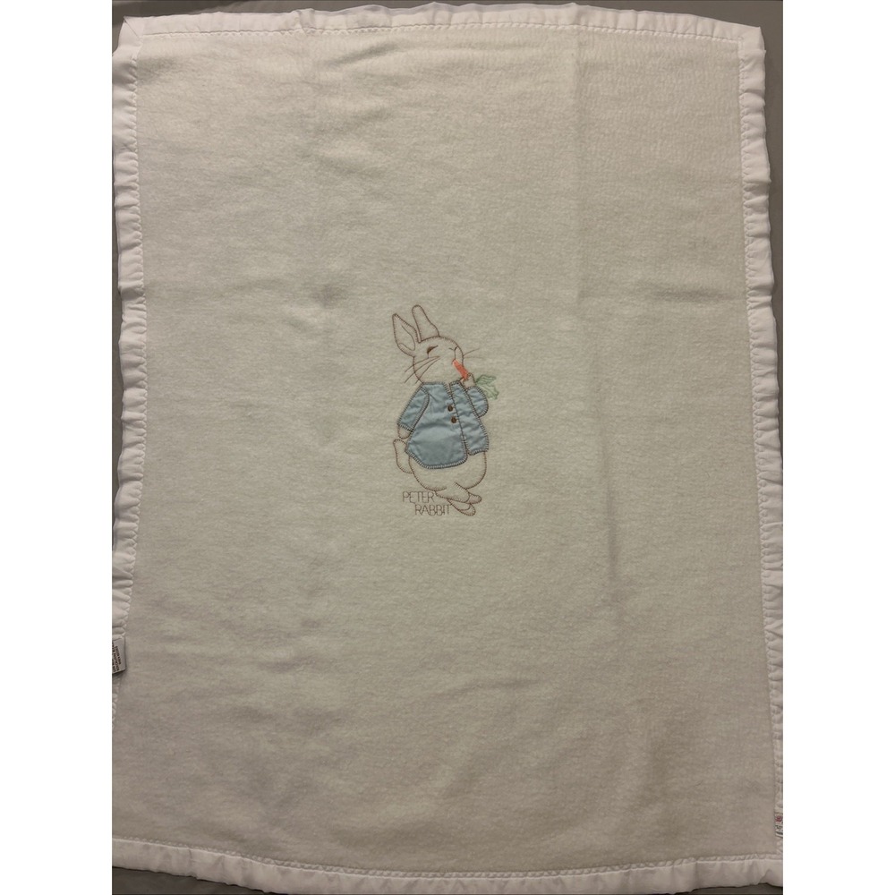 Vintage Quiltex Beatrix Potter Peter Rabbit Embroidered Satin Edge‎ Baby Blanket